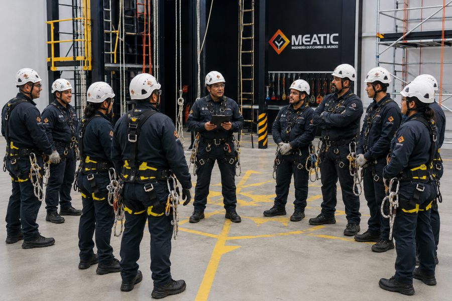 Equipo entrenando trabajos en altura